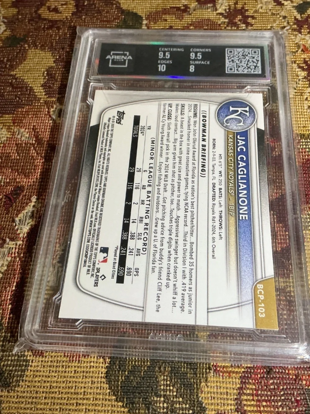 2025 Bowman BCP-103 Jac Caglianone Chrome Prospects Graded Rookie card Arena 8.5